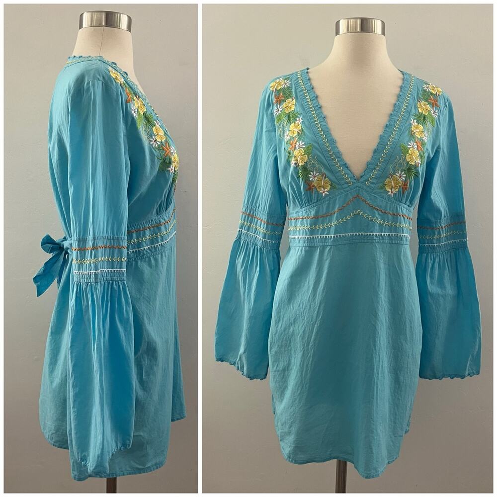 Tommy Bahama Embroidered Tunic Dress Small Blue Swim Cover-Up Beach Pool Cotton